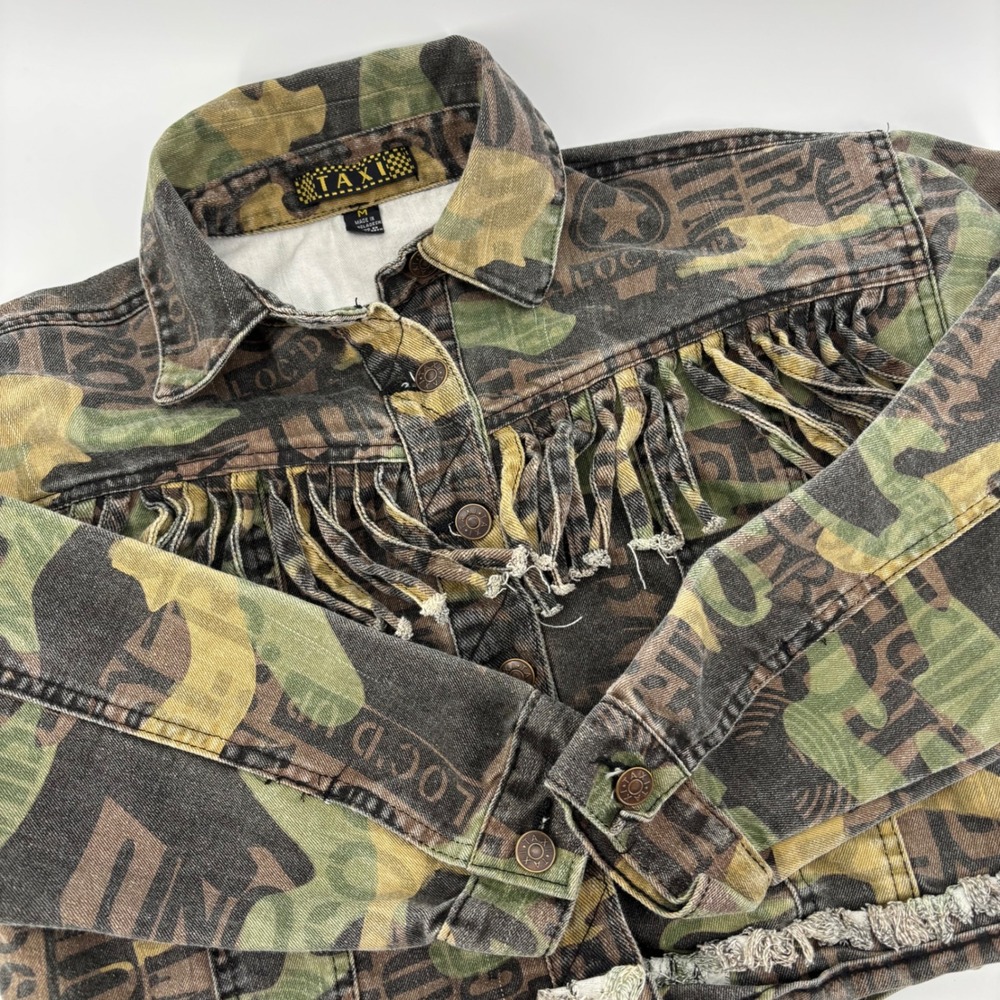 TAXI Women Jacket M Green Camo Fringe Denim Cropped Vintage Military Chic Edgy